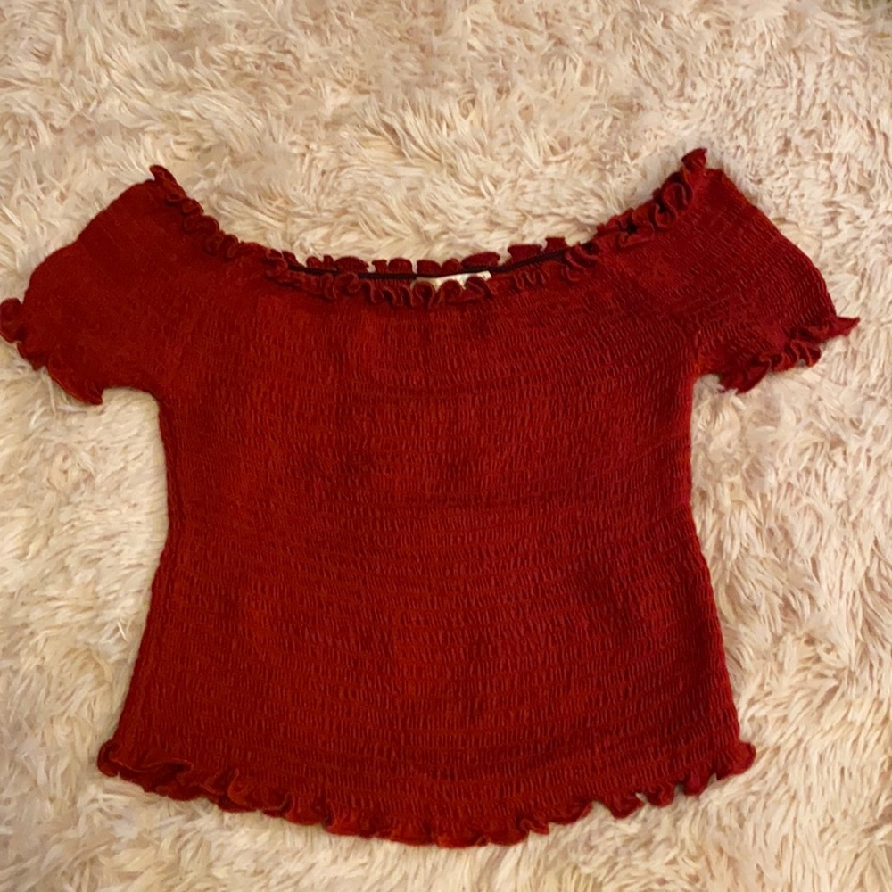 Red Off the Shoulder Lettuce Trim Top (S)